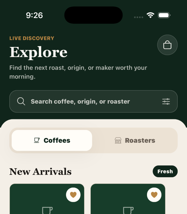 Oriva Explore screen with coffee and roaster browsing
