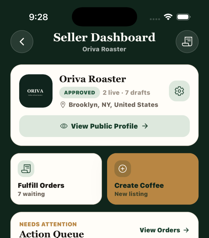 Oriva Seller Dashboard showing a roaster profile and fulfillment queue